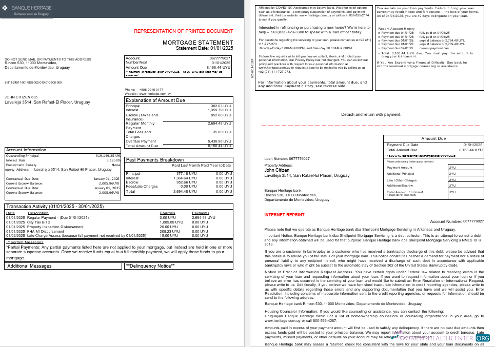 Uruguay Banque Heritage bankmortgage statement in Word and PDF formats, 3 pages 1 2